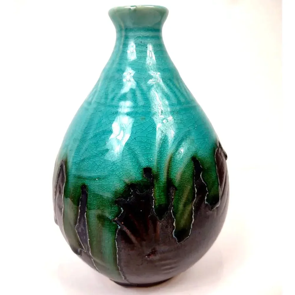 Vintage Art Pottery Drip Glaze Vase w Dragonfly’s Brown Turquoise 71/4” MCM